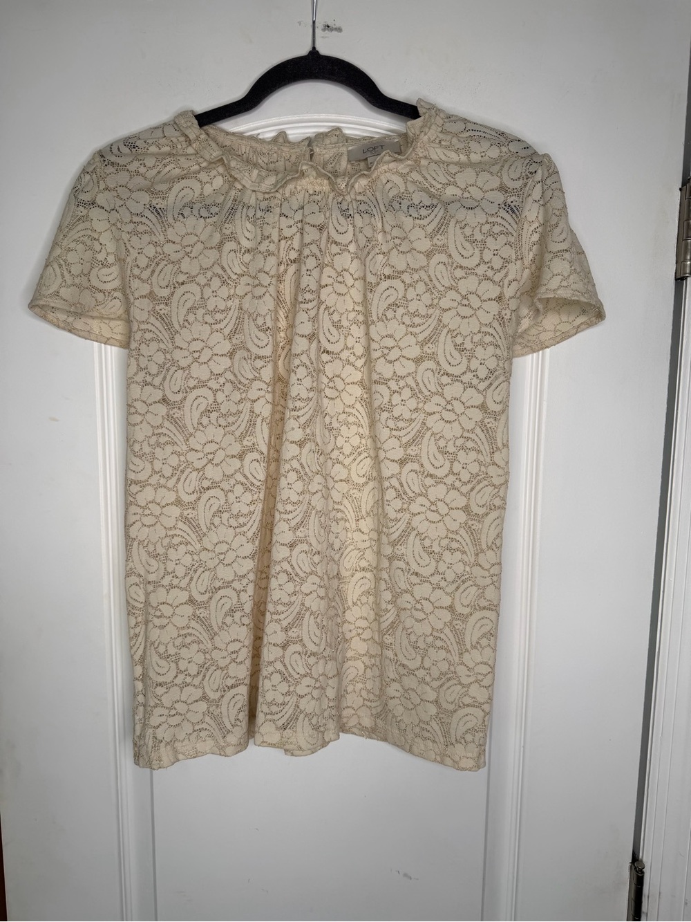 LOFT Ivory Lace Short Sleeve Blouse With Subtle Sparkle &Ruffle Neckline. Size M